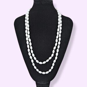 V. Long Knotted Milk Glass Oval Beaded Necklace